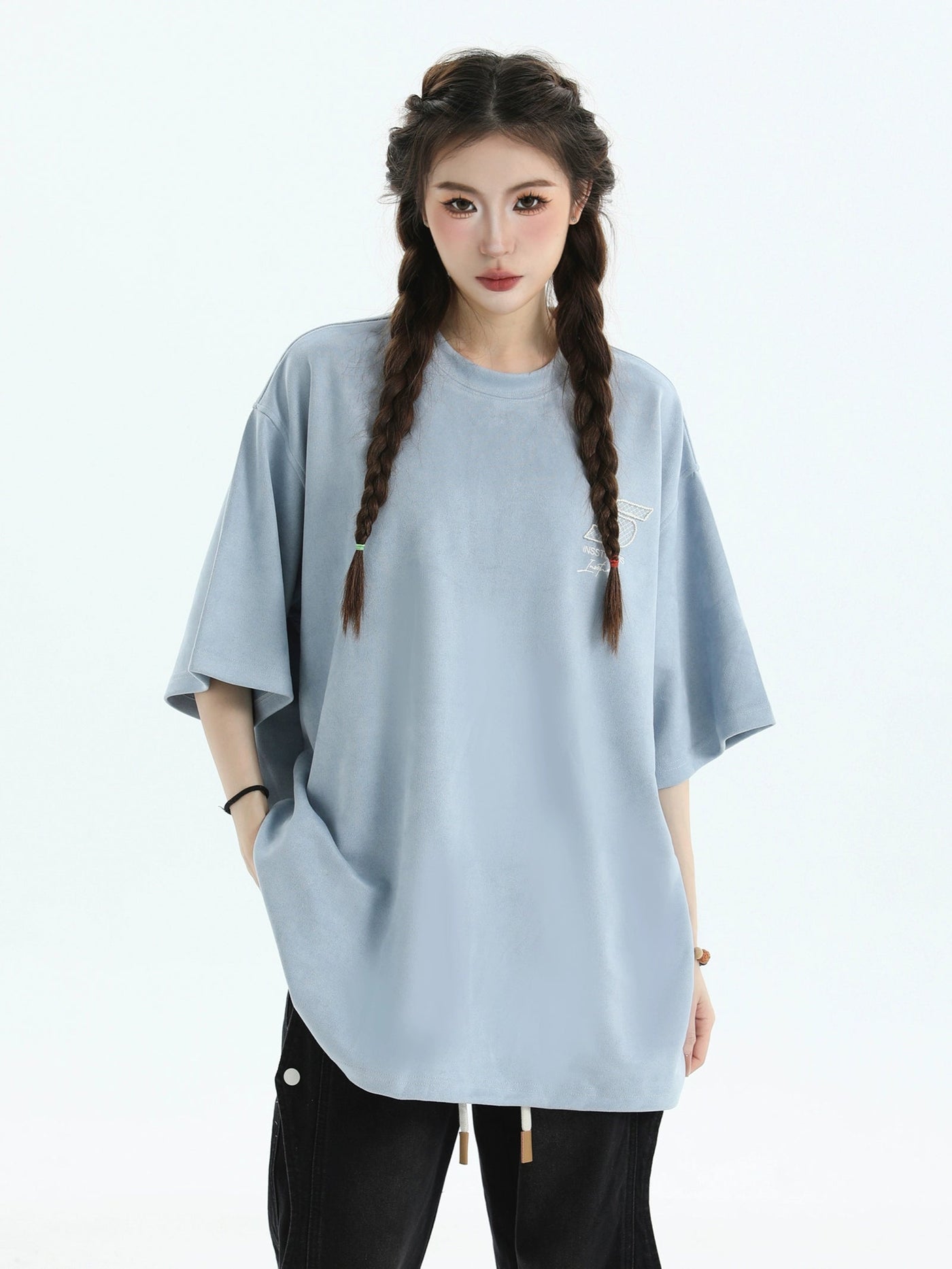 Stitched Logo Suede T-Shirt Korean Street Fashion T-Shirt By INS Korea Shop Online at OH Vault