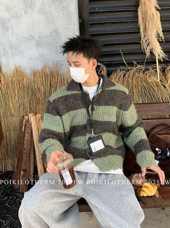 Fuzzy Knit Striped Cardigan Korean Street Fashion Cardigan By Poikilotherm Shop Online at OH Vault