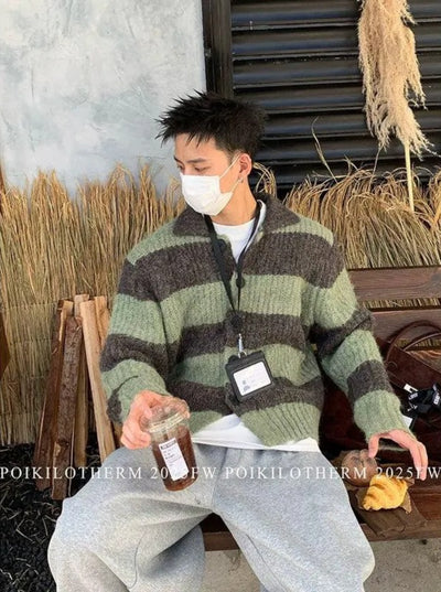 Fuzzy Knit Striped Cardigan Korean Street Fashion Cardigan By Poikilotherm Shop Online at OH Vault