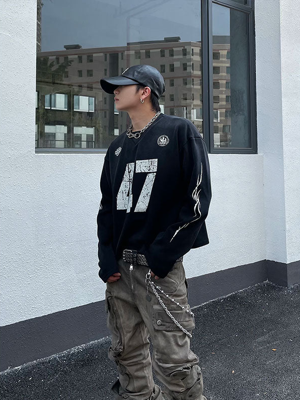 Washed Distressed Print Crewneck Korean Street Fashion Crewneck By Dark Fog Shop Online at OH Vault