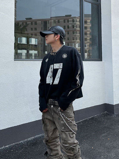 Washed Distressed Print Crewneck Korean Street Fashion Crewneck By Dark Fog Shop Online at OH Vault