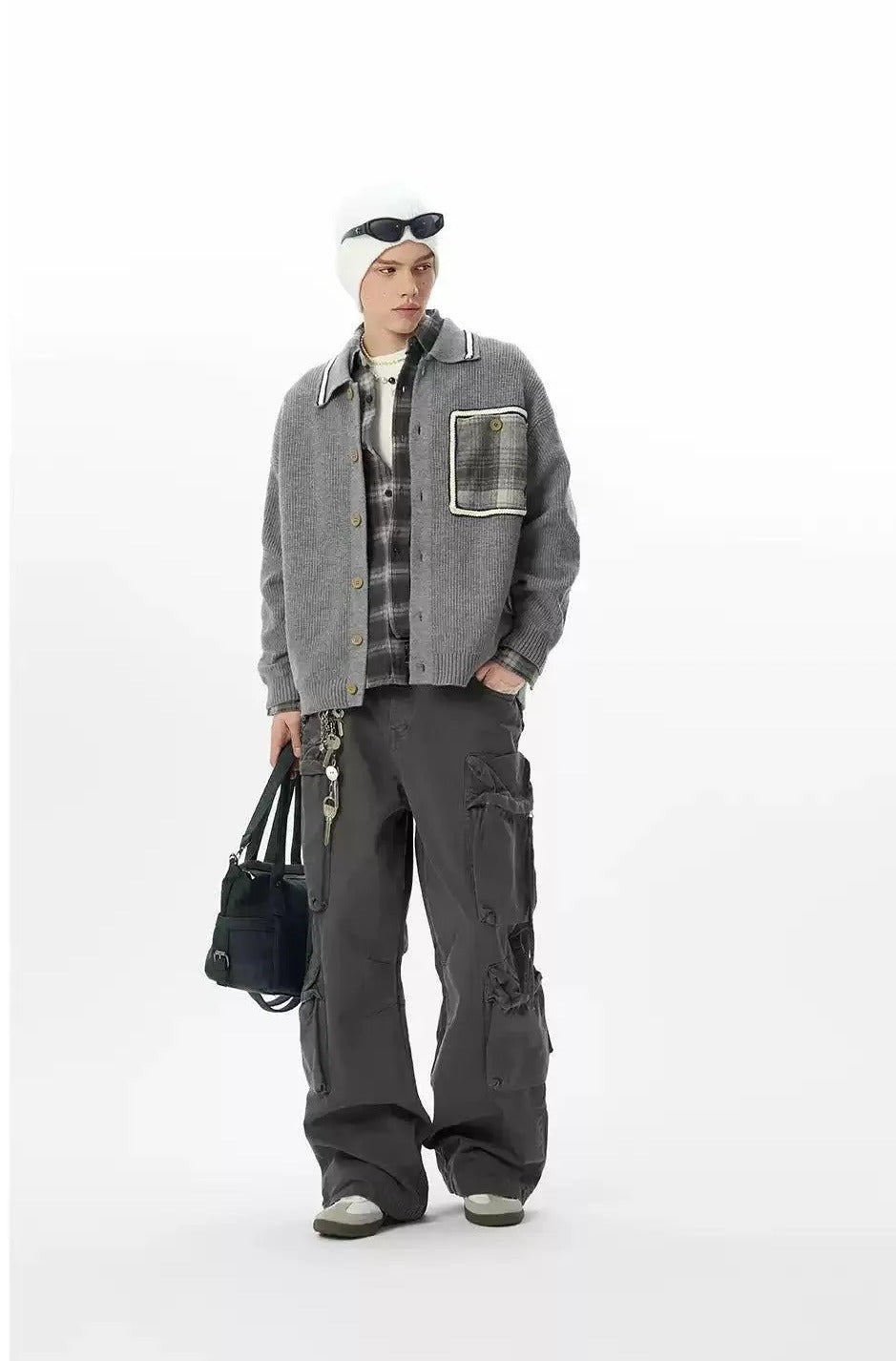 Plaid Pocket Buttoned Sweater Korean Street Fashion Sweater By JHYQ Shop Online at OH Vault