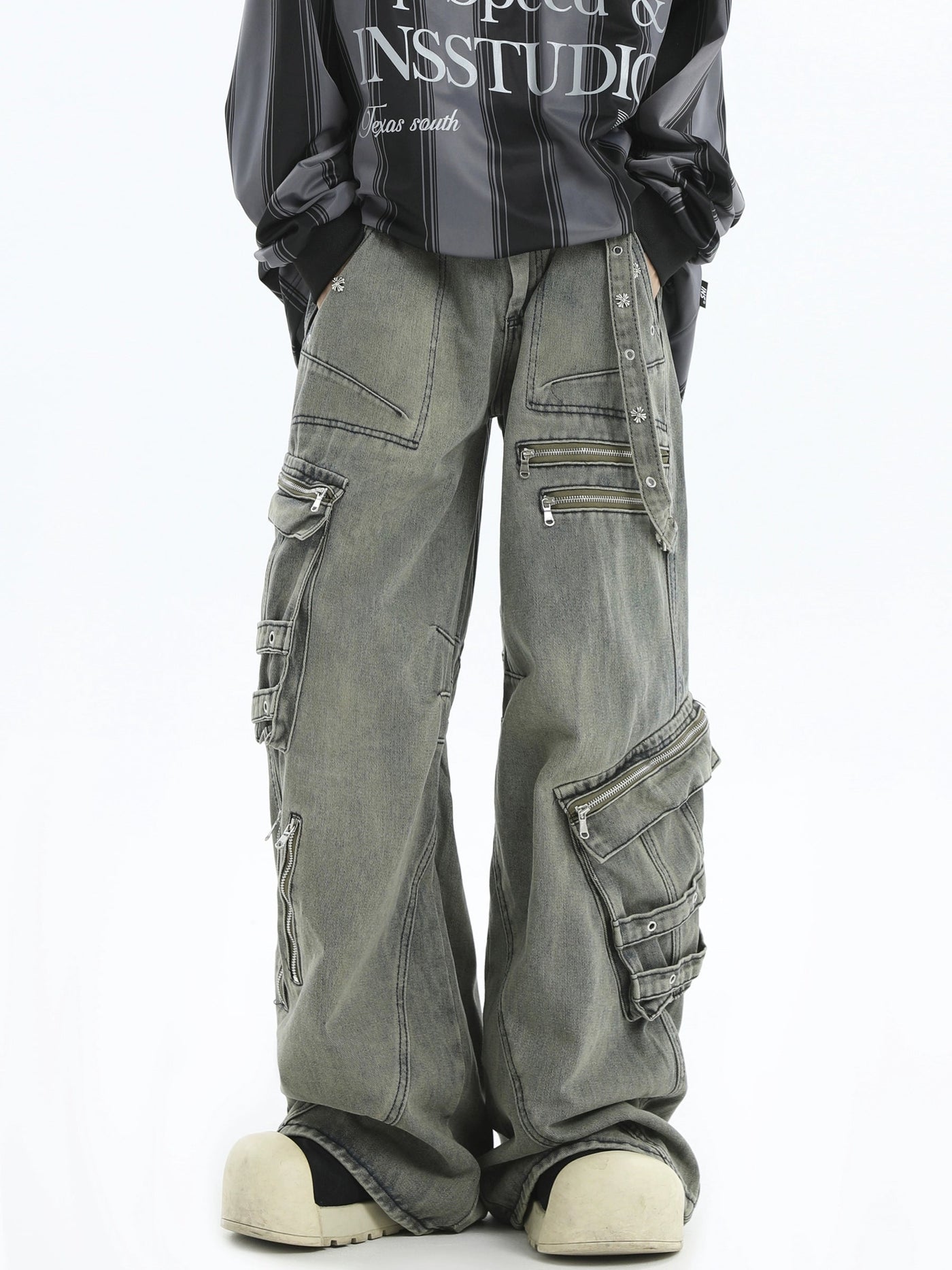 Zipped Multi-Pocket Cargo Jeans Korean Street Fashion Jeans By INS Korea Shop Online at OH Vault