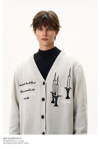 Letter & Candle Embroidery V-Neck Cardigan Korean Street Fashion Cardigan By MaxDstr Shop Online at OH Vault