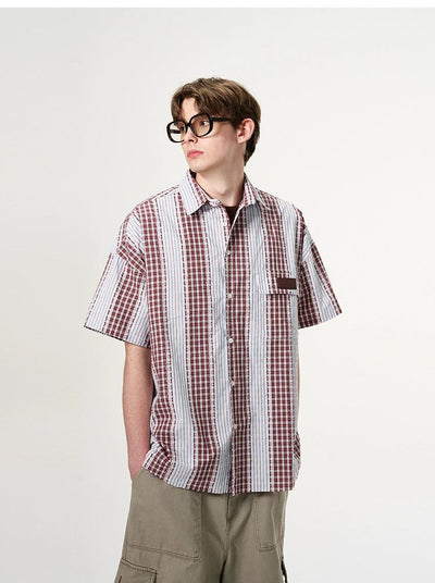 Plaid & Striped Short Sleeve Shirt Korean Street Fashion Shirt By Mad Witch Shop Online at OH Vault