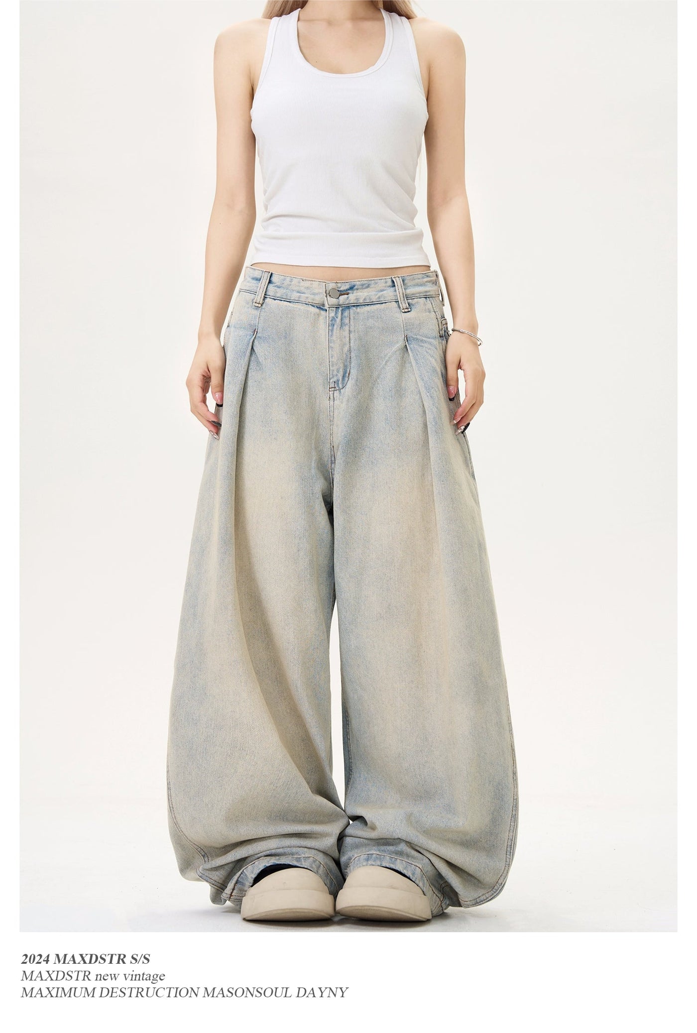 Sand Washed Pleats Scimitar Shape Jeans Korean Street Fashion Jeans By MaxDstr Shop Online at OH Vault