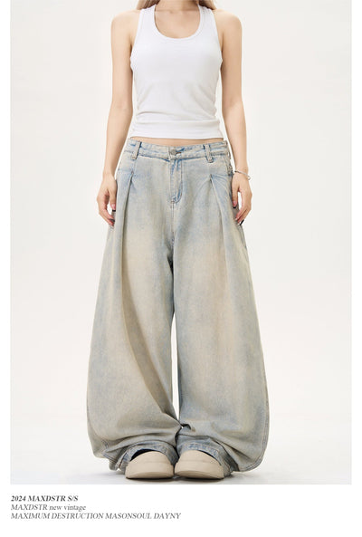 Sand Washed Pleats Scimitar Shape Jeans Korean Street Fashion Jeans By MaxDstr Shop Online at OH Vault