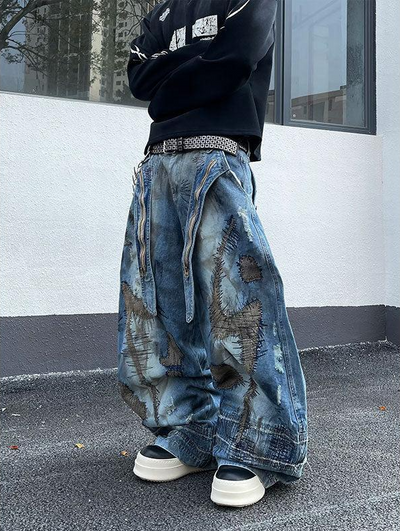 Stitched Stain Baggy Fit Jeans Korean Street Fashion Jeans By Dark Fog Shop Online at OH Vault