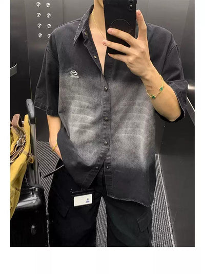 Faded Denim Snap Buttoned Shirt Korean Street Fashion Shirt By Poikilotherm Shop Online at OH Vault