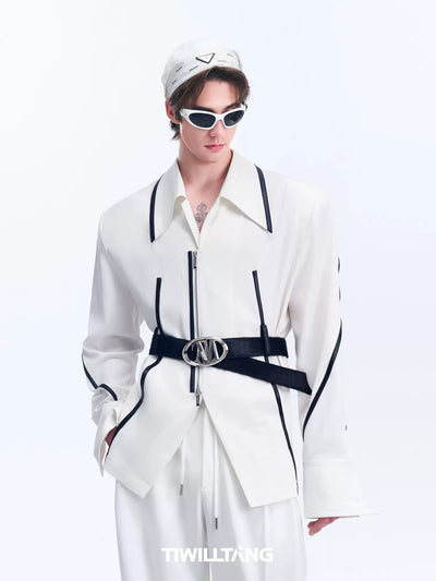 Leather Lines Inlay Zipped Shirt Korean Street Fashion Shirt By TIWILLTANG Shop Online at OH Vault