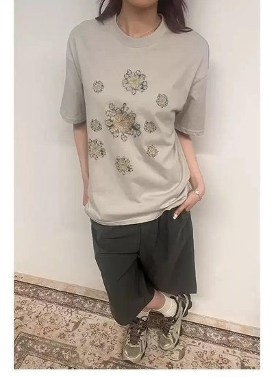Rhestoned Graphic Print T-Shirt Korean Street Fashion T-Shirt By 11St Crops Shop Online at OH Vault