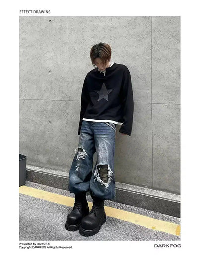 Two-Piece Star Patched Long Sleeve T-Shirt Korean Street Fashion T-Shirt By Dark Fog Shop Online at OH Vault