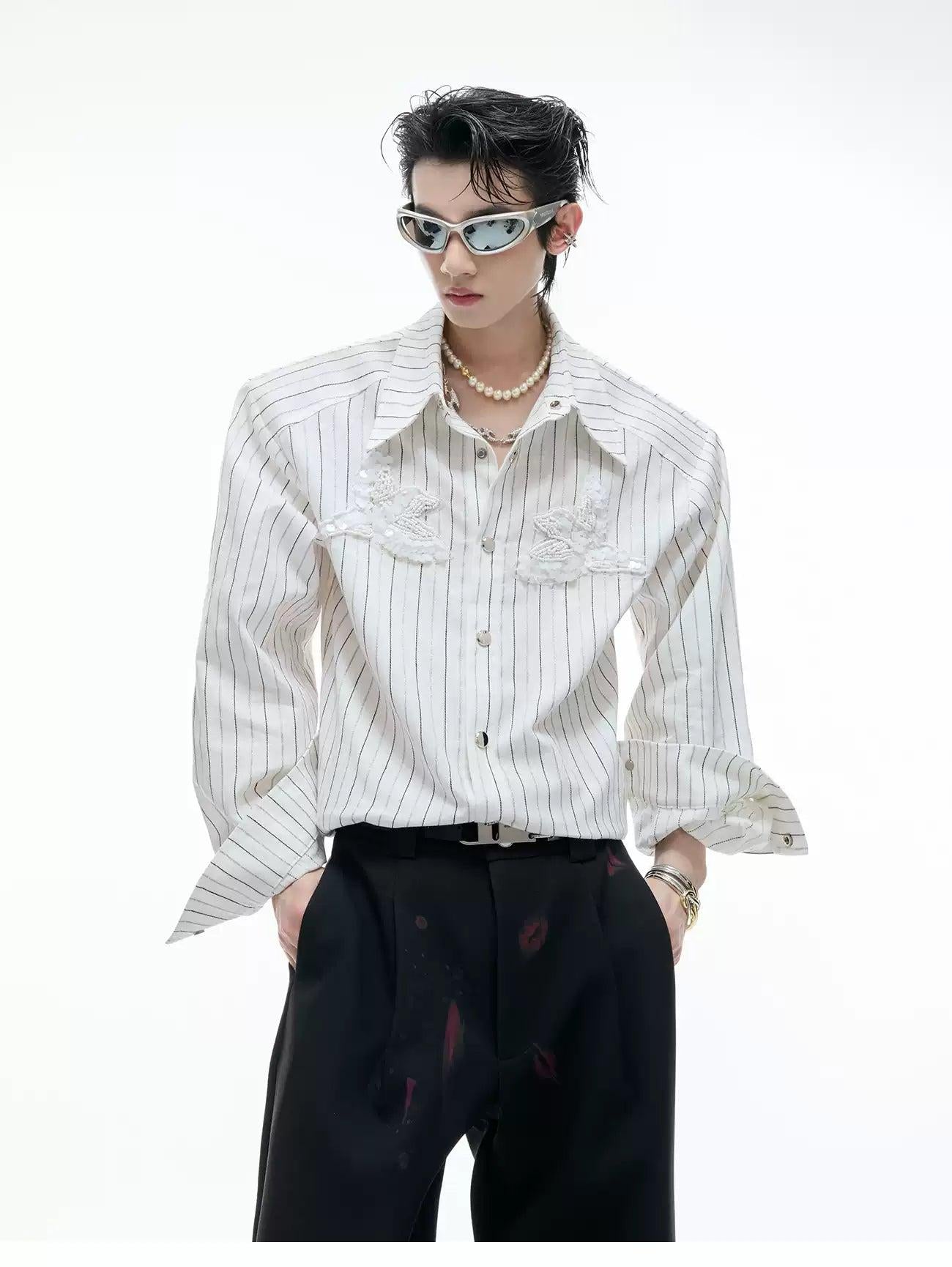 Striped Sequin Embroidery Shirt Korean Street Fashion Shirt By Argue Culture Shop Online at OH Vault