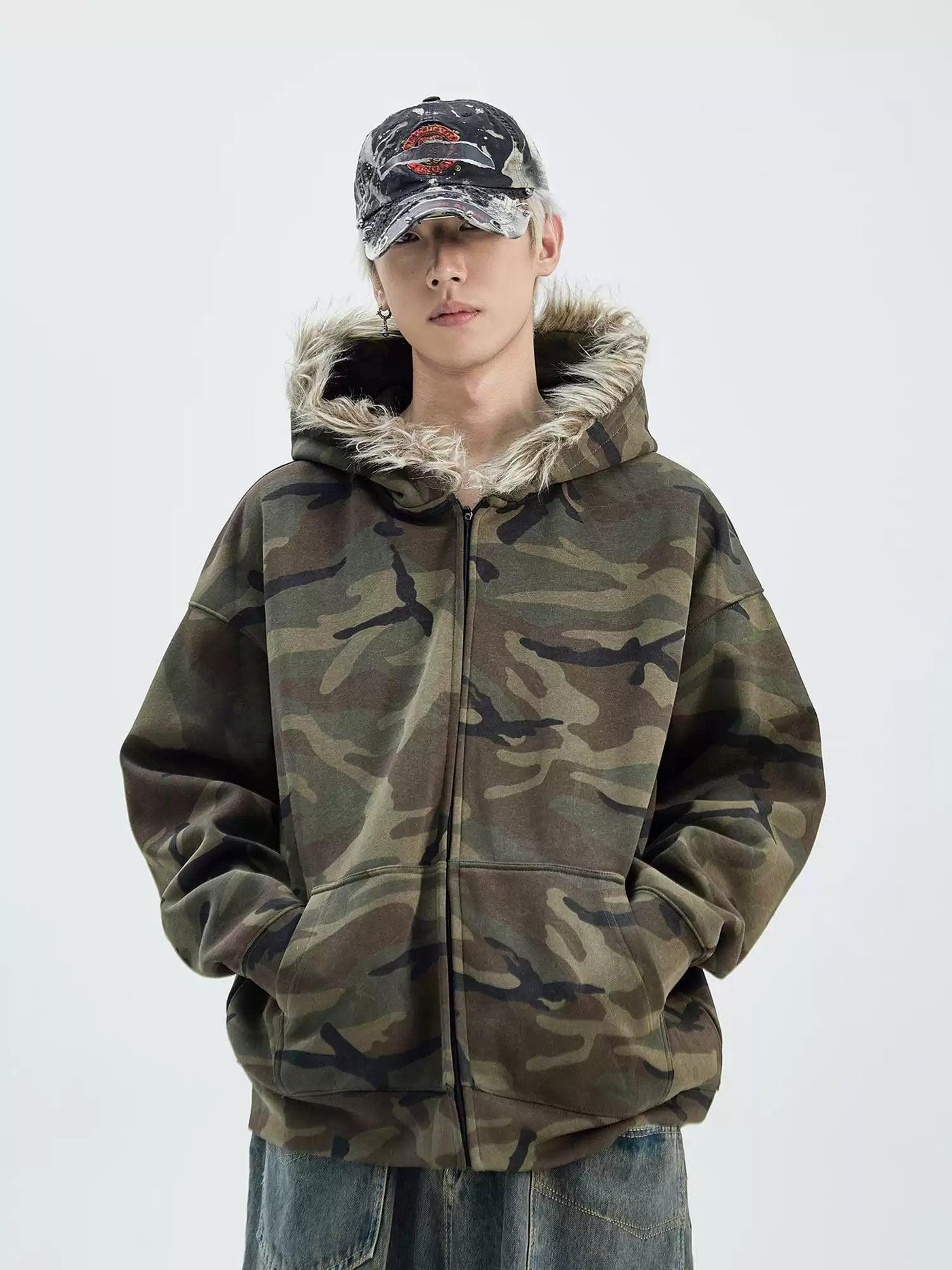 Camo Fur Collar Hooded Jacket Korean Street Fashion Jacket By Ash Dark Shop Online at OH Vault