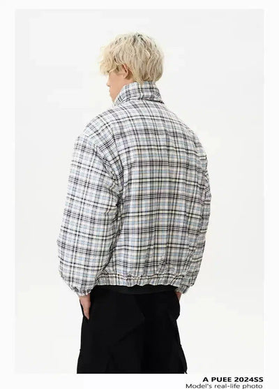 Plaid High Collar Puffer Jacket Korean Street Fashion Jacket By A PUEE Shop Online at OH Vault