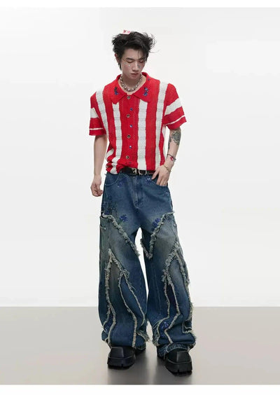 Sequin Embroidered Raw Seam Wide Jeans Korean Street Fashion Jeans By Argue Culture Shop Online at OH Vault