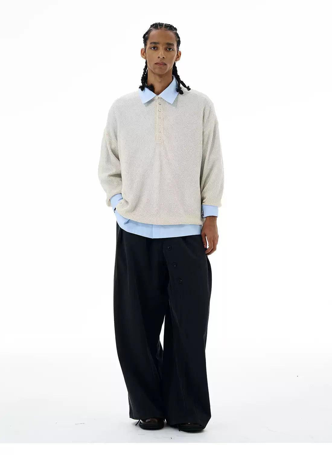 Henley Button Knit Long Sleeve T-Shirt Korean Street Fashion T-Shirt By 77Flight Shop Online at OH Vault