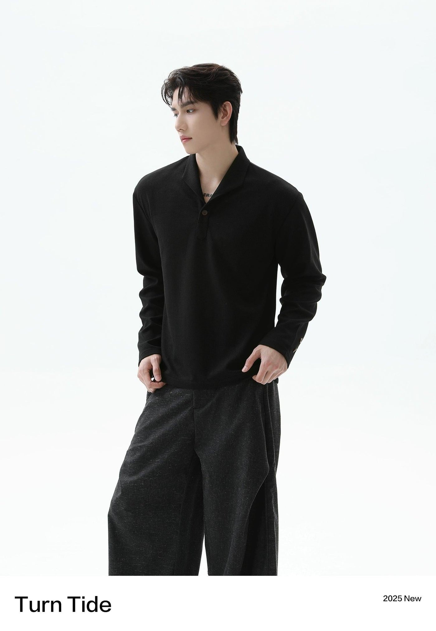 Waffle Textured Long Sleeve Polo Korean Street Fashion Polo By Turn Tide Shop Online at OH Vault