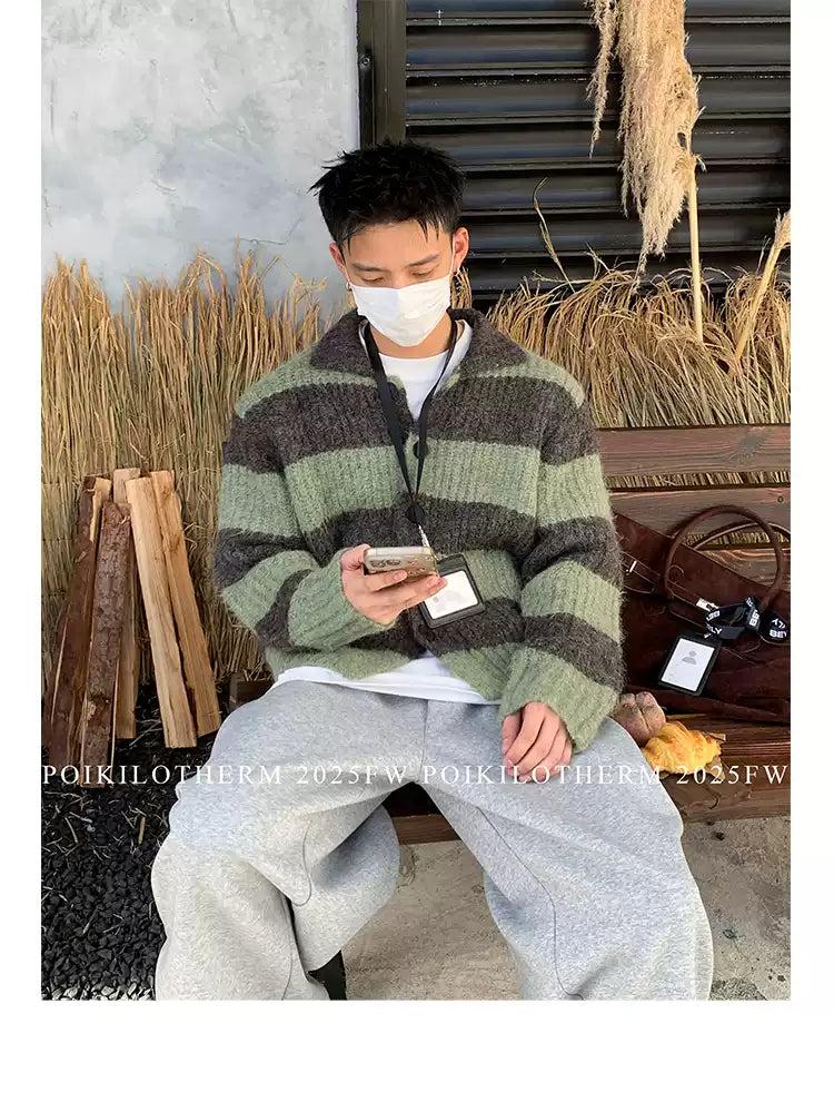 Fuzzy Knit Striped Cardigan Korean Street Fashion Cardigan By Poikilotherm Shop Online at OH Vault