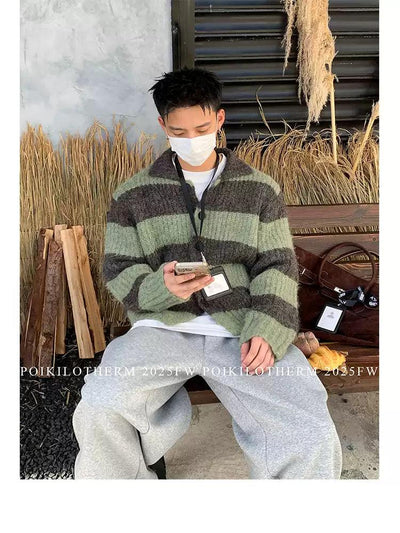 Fuzzy Knit Striped Cardigan Korean Street Fashion Cardigan By Poikilotherm Shop Online at OH Vault