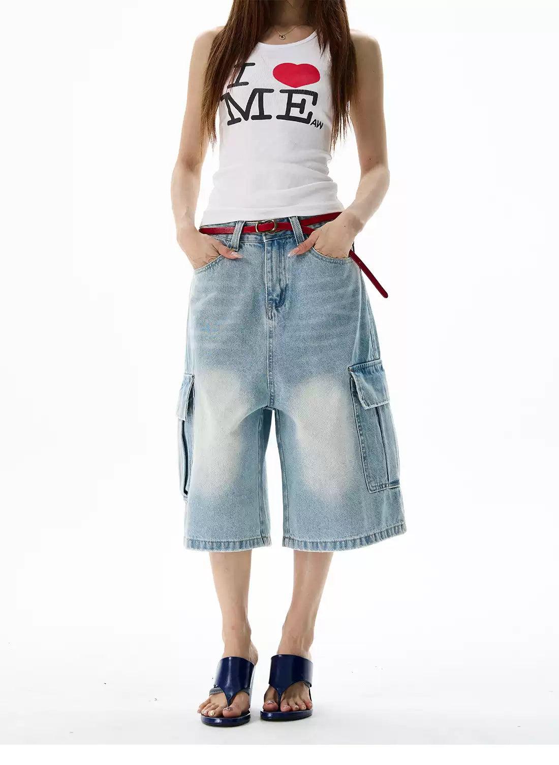 Faded Highlight Denim Shorts Korean Street Fashion Shorts By 77Flight Shop Online at OH Vault