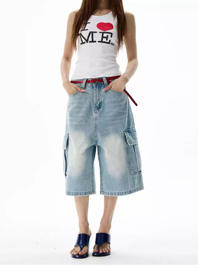 Faded Highlight Denim Shorts Korean Street Fashion Shorts By 77Flight Shop Online at OH Vault