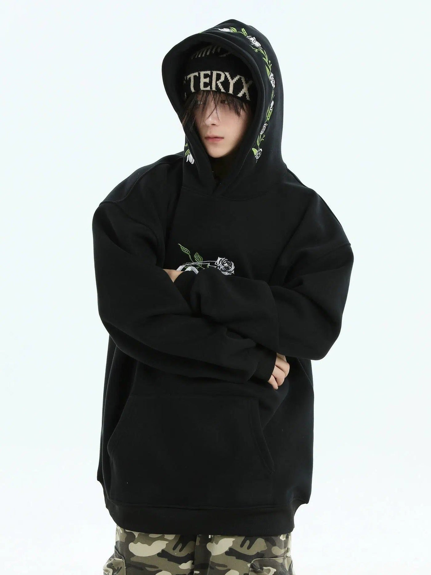 Logo & Rose Embroidery Hoodie Korean Street Fashion Hoodie By INS Korea Shop Online at OH Vault