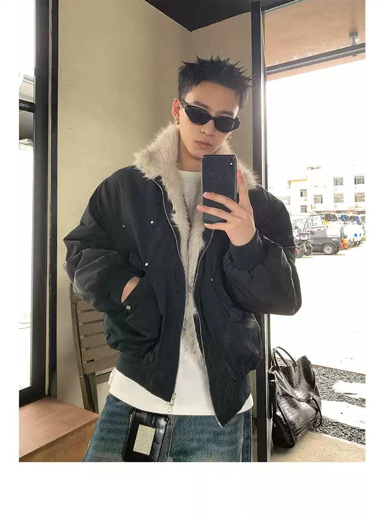 Fur-Trim Contrast Bomber Jacket Korean Street Fashion Jacket By Poikilotherm Shop Online at OH Vault
