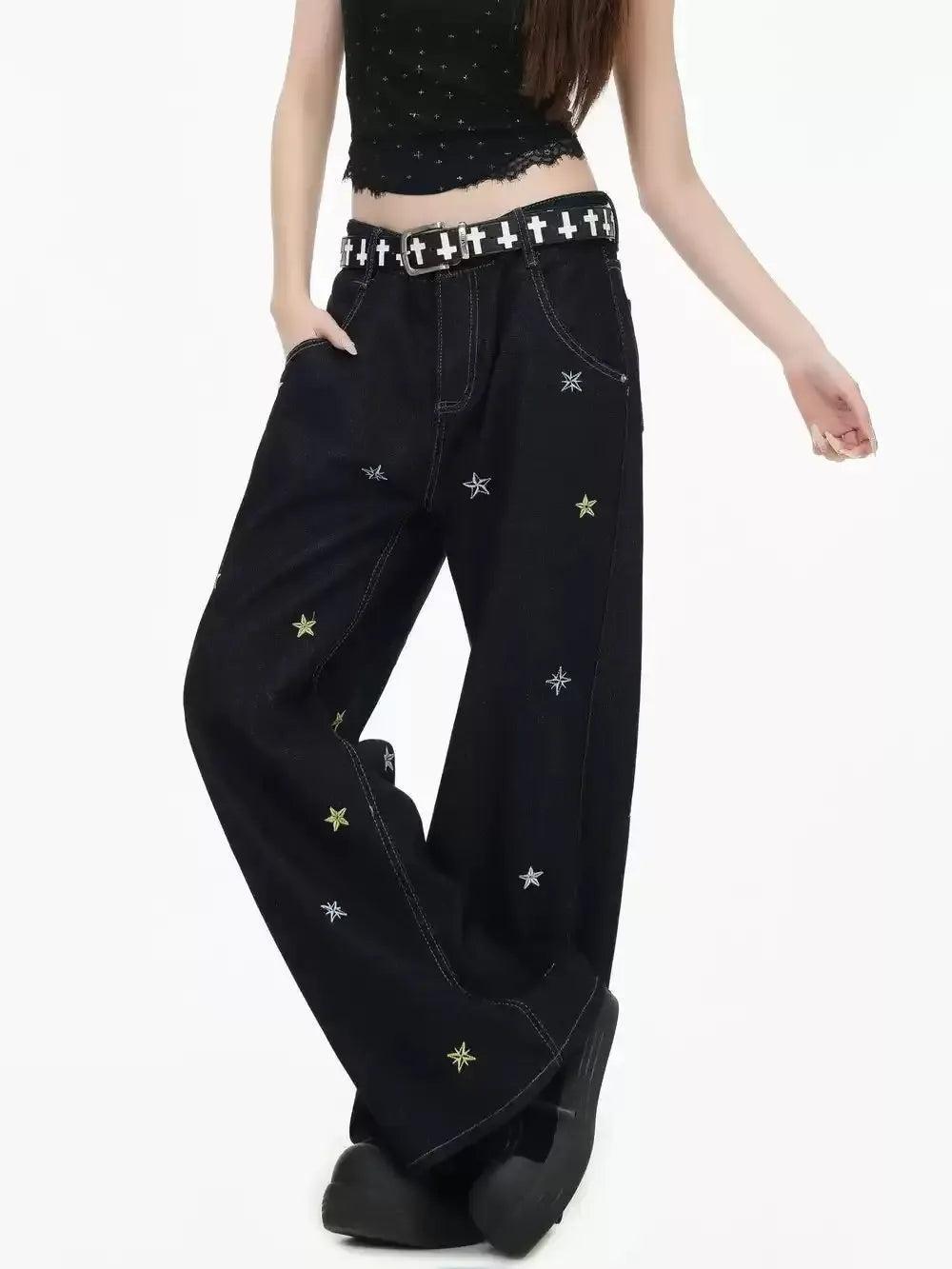 Stars Stitch Straight Leg Jeans Korean Street Fashion Jeans By INS Korea Shop Online at OH Vault