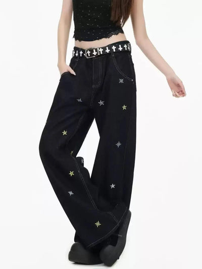 Stars Stitch Straight Leg Jeans Korean Street Fashion Jeans By INS Korea Shop Online at OH Vault