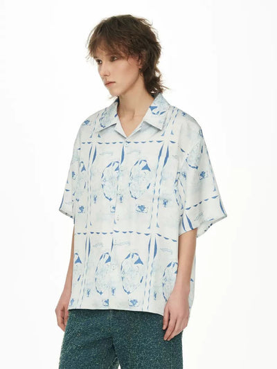 Blue and White Pattern Shirt Korean Street Fashion Shirt By 11St Crops Shop Online at OH Vault