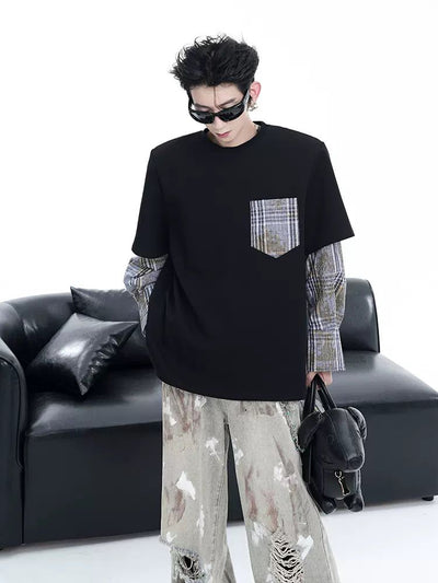 Plaid Pocket and Long Sleeve T-Shirt Korean Street Fashion T-Shirt By Slim Black Shop Online at OH Vault
