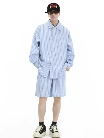 Logo Pocket Striped Shirt & Elastic Waist Shorts Set Korean Street Fashion Clothing Set By INS Korea Shop Online at OH Vault