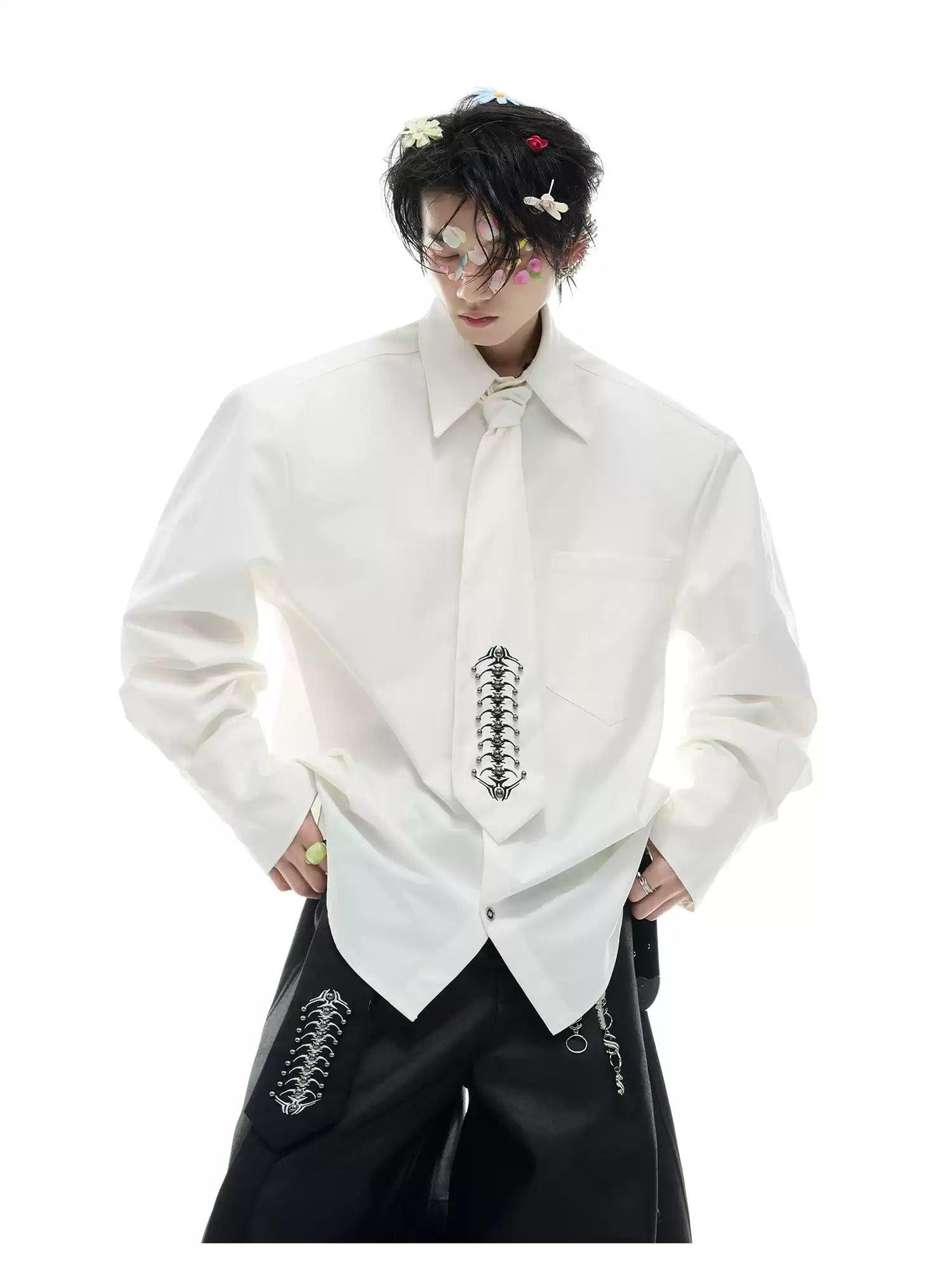 Back Spine Embroidered Tie Shirt Korean Street Fashion Shirt By Argue Culture Shop Online at OH Vault