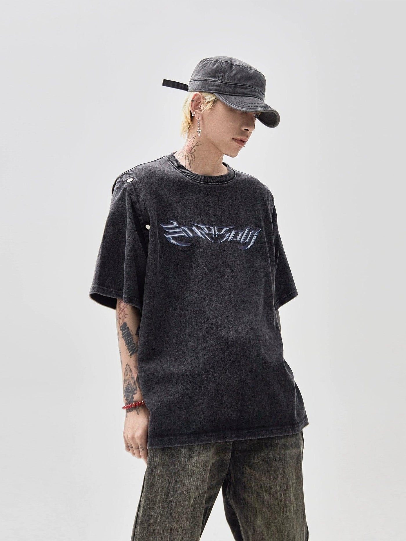 Washed Buttoned Sleeves T-Shirt Korean Street Fashion T-Shirt By Ash Dark Shop Online at OH Vault
