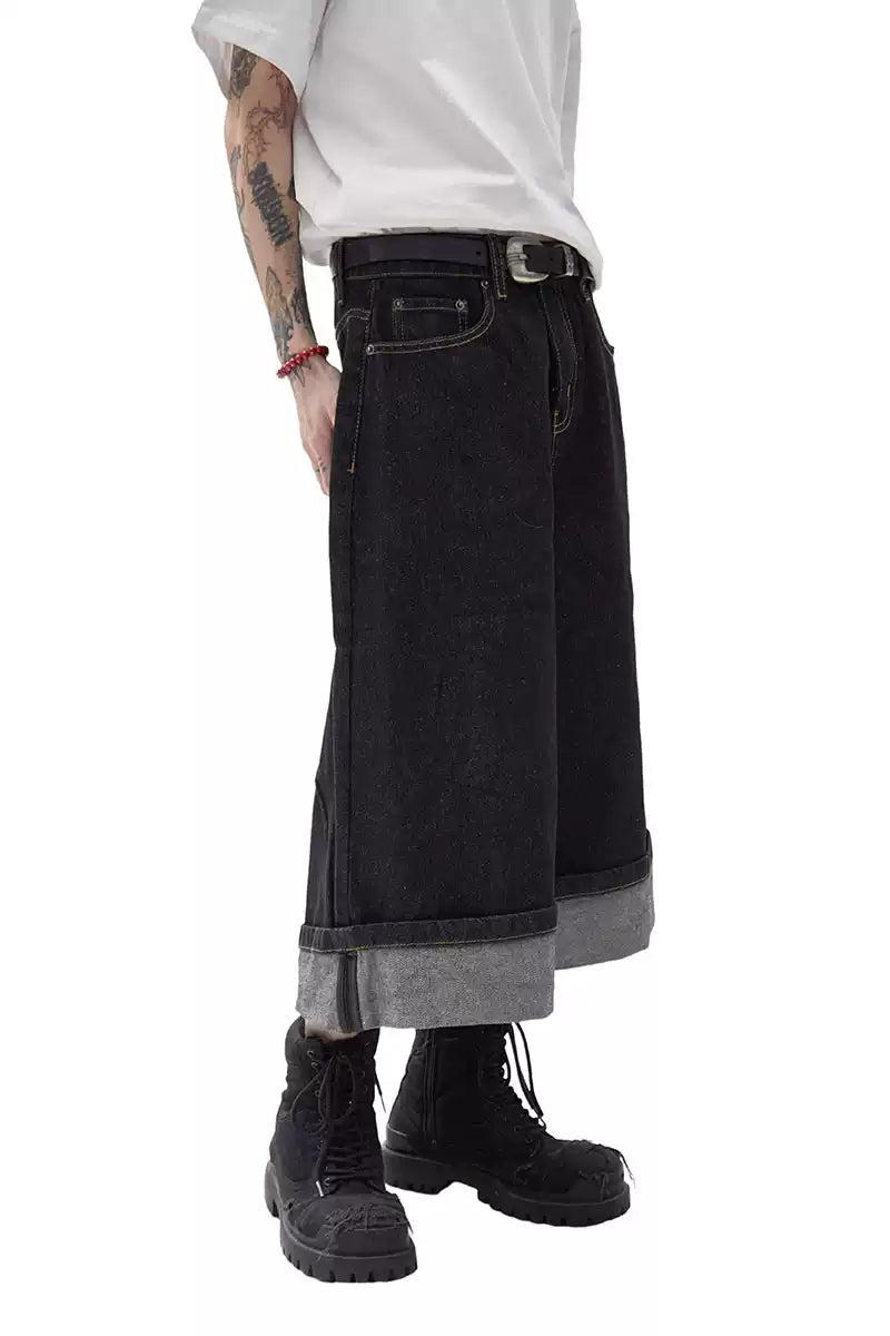 Wide Folded Ends Denim Shorts Korean Street Fashion Shorts By Ash Dark Shop Online at OH Vault