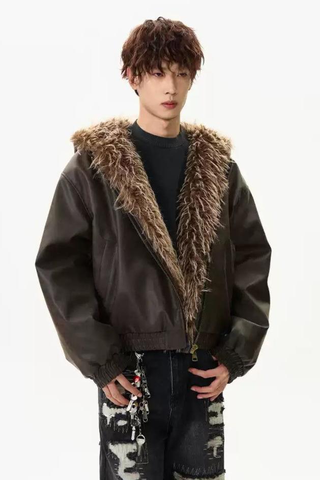 Faux Fur Trimmed PU Leather Jacket Korean Street Fashion Jacket By A PUEE Shop Online at OH Vault