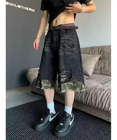 Camouflage Layer Distressed Denim Shorts Korean Street Fashion Shorts By Poikilotherm Shop Online at OH Vault