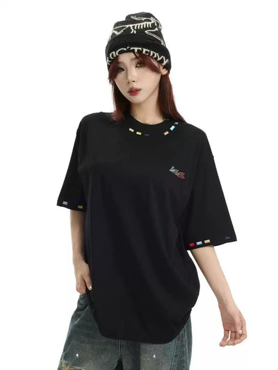 Color Bar Stitches Loose T-Shirt Korean Street Fashion T-Shirt By INS Korea Shop Online at OH Vault