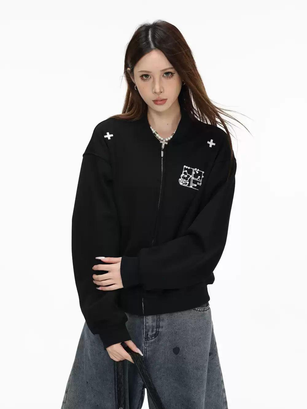 Pearled Logo Zipped Jacket Korean Street Fashion Jacket By INS Korea Shop Online at OH Vault