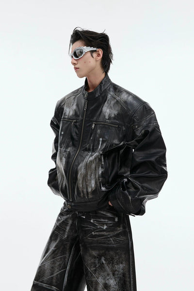 Paint Smudges PU Leather Jacket & Pants Set Korean Street Fashion Clothing Set By Argue Culture Shop Online at OH Vault