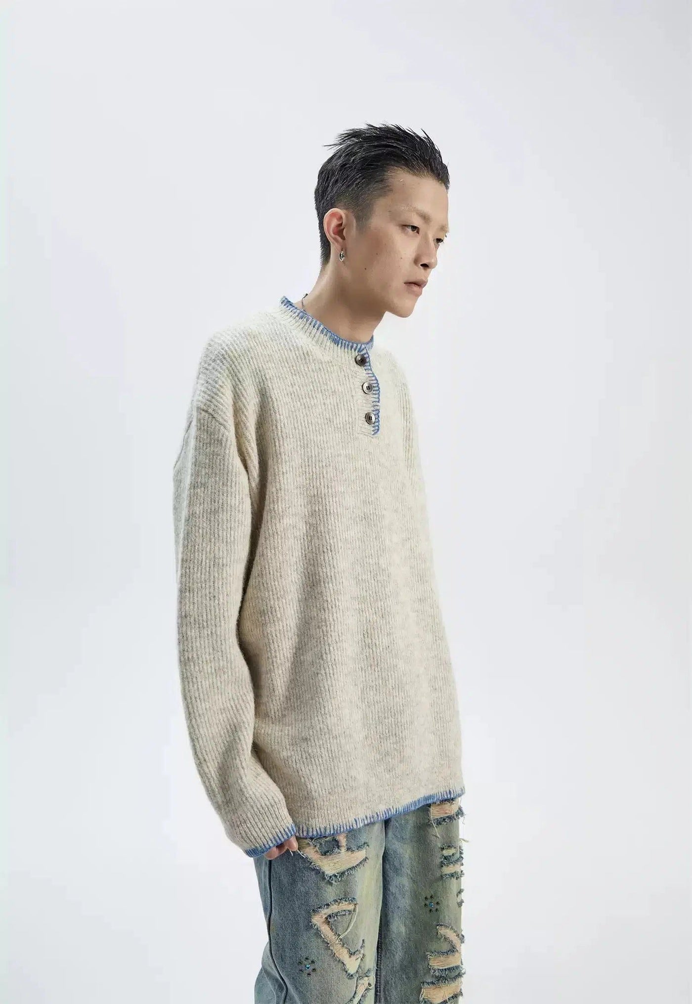 Hand-Stitched Henry Collar Sweater Korean Street Fashion Sweater By Ash Dark Shop Online at OH Vault