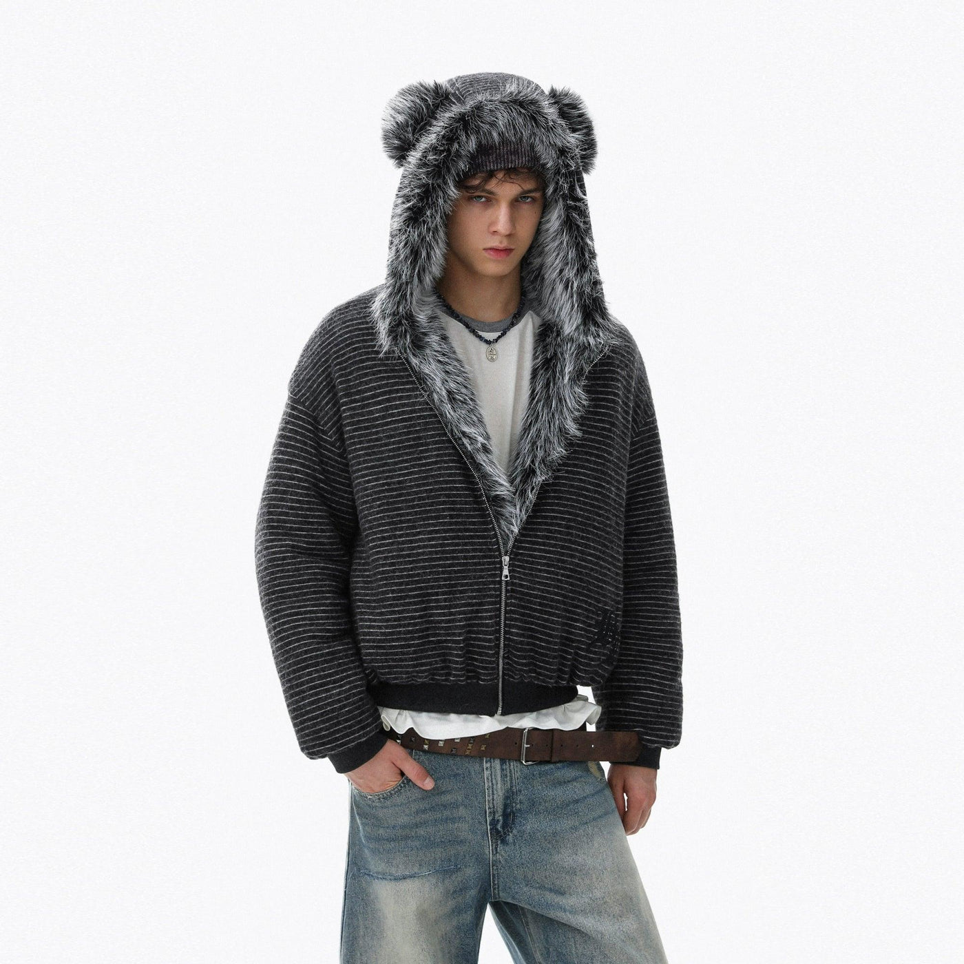 Teddy Bear Fur-Trimmed Stripes Jacket Korean Street Fashion Jacket By Mr Nearly Shop Online at OH Vault