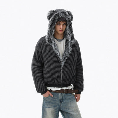 Teddy Bear Fur-Trimmed Stripes Jacket Korean Street Fashion Jacket By Mr Nearly Shop Online at OH Vault