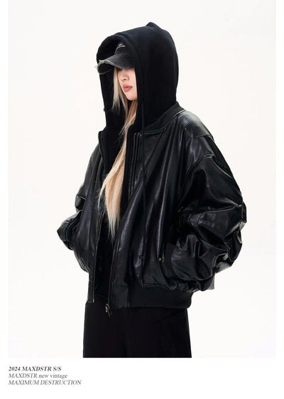 Layered PU Leather Bomber Hooded Jacket Korean Street Fashion Jacket By MaxDstr Shop Online at OH Vault