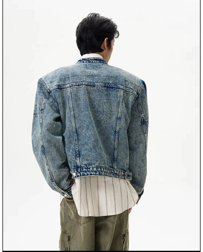 Wide Shoulder Pad Zipped Denim Jacket Korean Street Fashion Jacket By 77Flight Shop Online at OH Vault