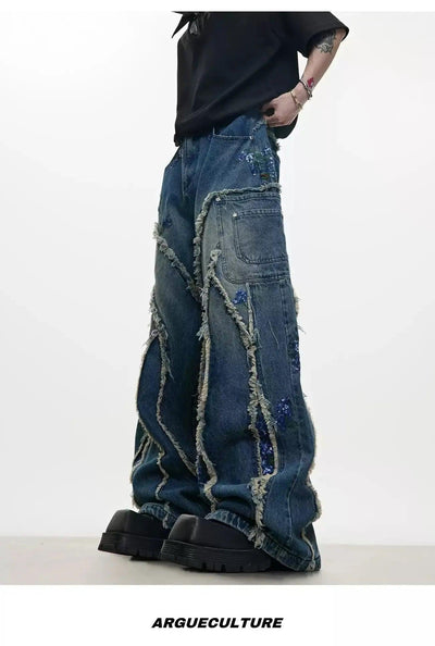 Sequin Embroidered Raw Seam Wide Jeans Korean Street Fashion Jeans By Argue Culture Shop Online at OH Vault