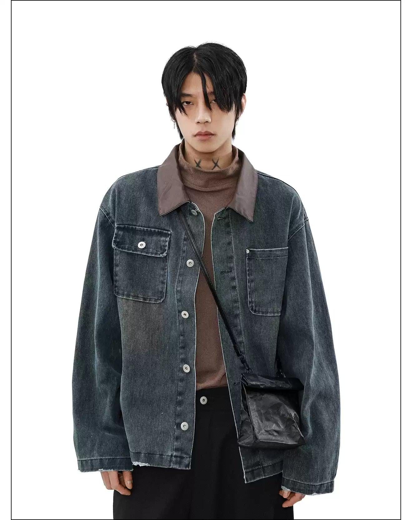 PU Leather Collar Ripped Denim Jacket Korean Street Fashion Jacket By Mr Nearly Shop Online at OH Vault