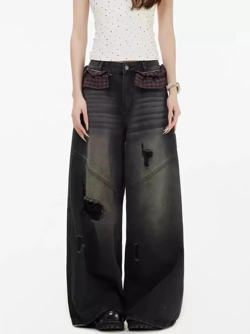 Plaid Fabric Pockets Distressed Jeans Korean Street Fashion Jeans By INS Korea Shop Online at OH Vault