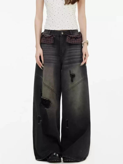 Plaid Fabric Pockets Distressed Jeans Korean Street Fashion Jeans By INS Korea Shop Online at OH Vault